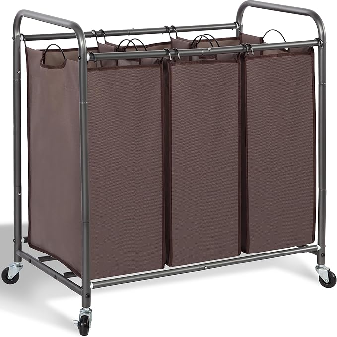 STORAGE MANIAC 3 Section Laundry Sorter, 35.9 Gal (136 L) Laundry Hamper Cart with Heavy Duty Rolling Lockable Wheels and Removable Bags, Clothes Organizer Basket Clothes Separator Hamper, Brown