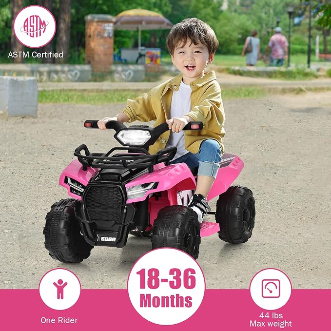 Costzon Kids ATV, 6V Battery Powered Electric Vehicle Four Wheeler Quad w/Storage Basket, Headlight, Horn, Music, MP3 & USB, Toddler 4 Wheeler Ride on Car Toy for Boys Girls 18-36 Months (Pink)