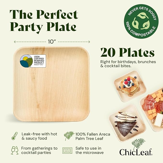 Chic Leaf Palm Leaf Disposable Bamboo Plates – Square, Biodegradable & Compostable Party Plates for Weddings, Parties & Events - Disposable Platter (10", 20 Pack)