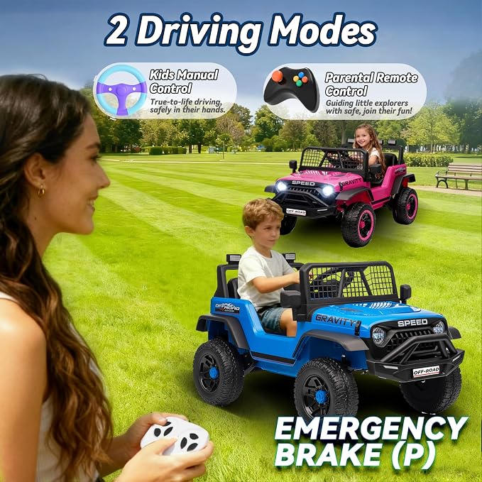 24V Ride on Toys w/Remote Control, 4WD Kids Ride on Truck Car, 3 Speed, Bluetooth Music, Wide Seat, Spring Suspension, LED Light, Birthday for Boys Girls Toddler (BrightBlue)