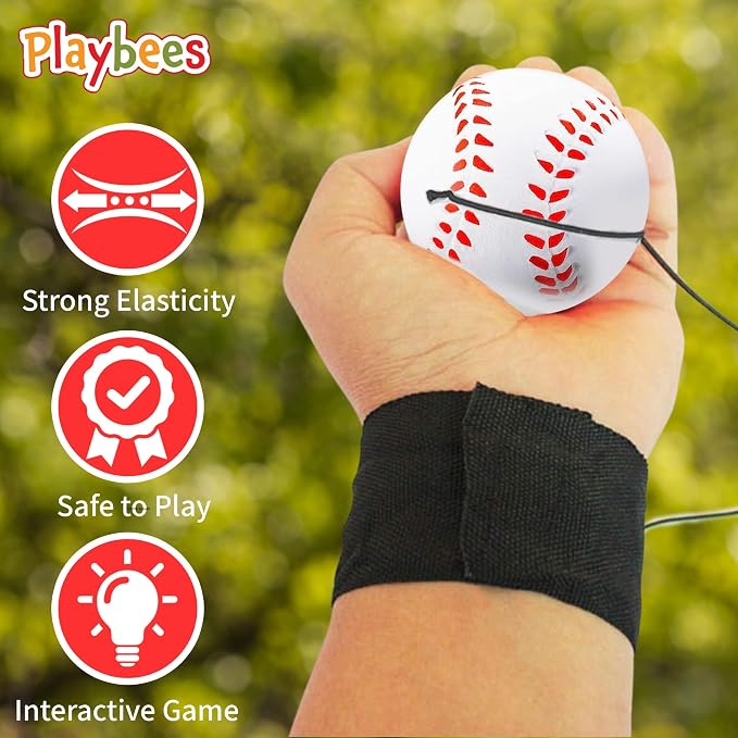 Playbees 24 Pack Reactive Practice Baseballs – Bulk Team Set with Wrist Return Elastic Cord – Heavy Duty Training Balls for Baseball & Softball Drills – Large Party Favor Pack for Kids