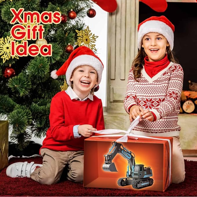 DOUBLE E Remote Control Excavator Toy RC Excavators Rechargeable Battery Digger Hydraulic Construction Toys Vehicles Xmas Gift for Boys Girls Kids 3-14 Years，Gray-Blue