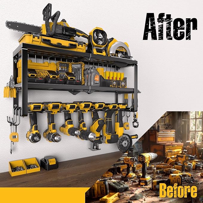 Power Tool Organizer for Tool Storage, Drill Holder Wall Mount with Screwdriver Organizer, Tool Holder for Garage Wall Organization, Heavy Duty Metal Tool Shelf with Battery Holder