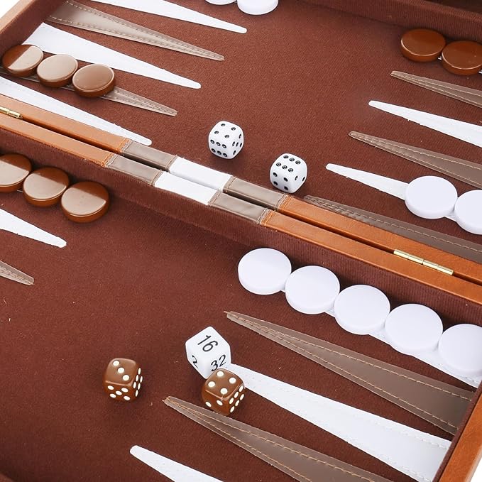 Backgammon Set - Classic Board Game with Premium Leather Case - Portable Travel Strategy Backgammon Game Set for Adults, Kids (18inch, Brown)