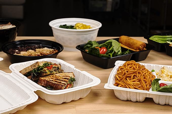 TIYA Clamshell Food Containers - 3-Compartment To-Go Containers - Microwavable Plastic with Hinged Lid - Great for Meal Prep (Bulk 150 Pack, White, 9x9 in) - BPA-Free