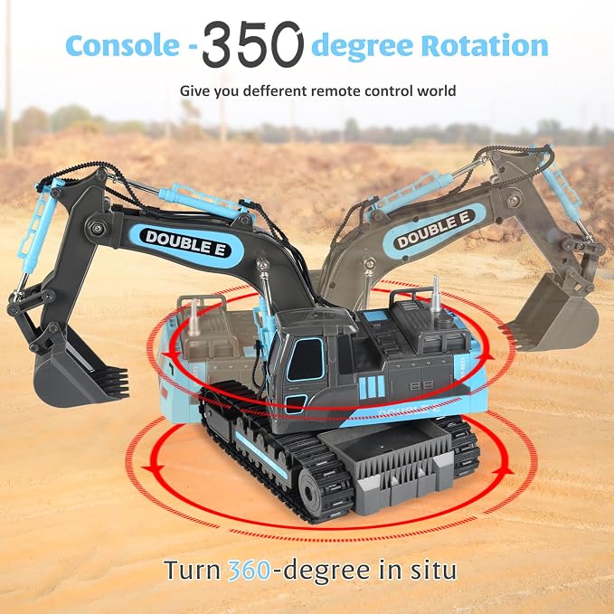 DOUBLE E Remote Control Excavator Toy RC Excavators Rechargeable Battery Digger Hydraulic Construction Toys Vehicles Xmas Gift for Boys Girls Kids 3-14 Years，Gray-Blue