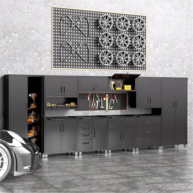 5 PCS Garage Storage Cabinets System Heavy Duty Workshop Set with Drawers Locking Rolling Cart with Adjustable Shelves Garage Tool Workbench Cabinets (5 PCS-2,Black)