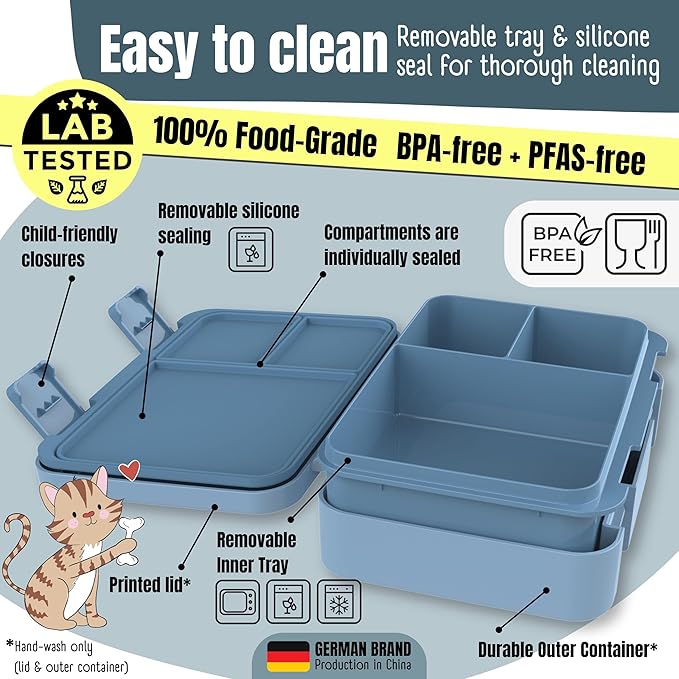 BEARFOOT Kids Lunch Box with Compartments – Compact & Lightweight | Leak-Proof, BPA-Free, Dishwasher & Microwave Safe | Hand-Drawn Design for Preschool, School, Travel (Dinos Blue, 4 Cups)
