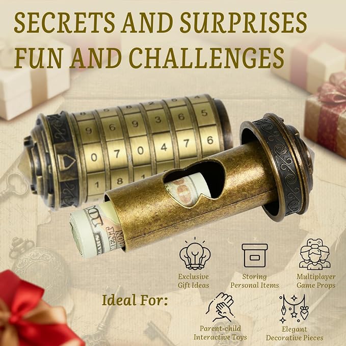 wellsee Da Vinci Code Numeric Mini Cryptex Brainteaser Puzzle Box,Metal Password Lock Cash Box with Hidden Compartment for Money,Challenge Game for Ages 12+ and Up,Unique Xmas Gifts for Her&Him,Purple