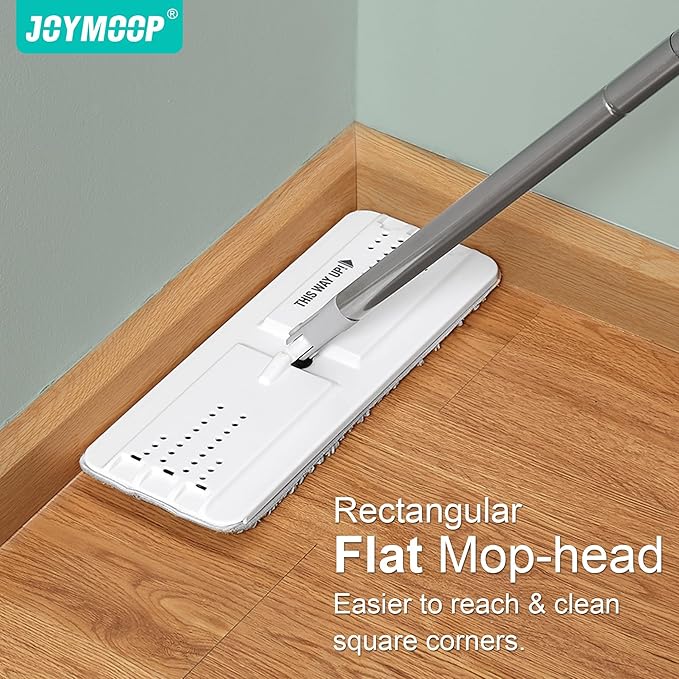 JOYMOOP White Flat Mop & Bucket with 1 Microfiber Pad, 12 Disposable Toilet Brushes, Stainless Steel Toilet Brush and Holder Set, Multi-Functional Cleaner for Floors, Windows, and Toilets