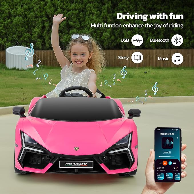 ELEMARA Licensed Lamborghini Car for Kids to Drive with Scissor Door,Toddler Ride on Toys with Remote Control,12V Battery Car for Kid with Bluetooth,MP3 Player,LED Light and Wide Seat, Hot Pink