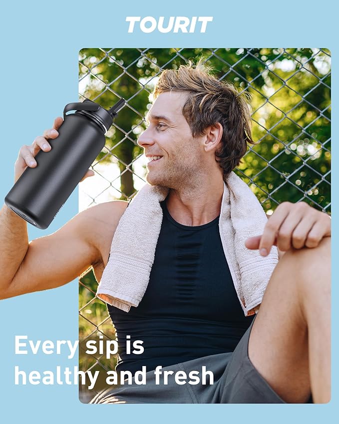 TOURIT 32 oz Insulated Water Bottle, Stainless Steel Bottle With Straw, Double Wall Vacuum Insulation for Cold and Hot Drinks, Leak Proof BPA Free Flask for Sports and Travel, Black