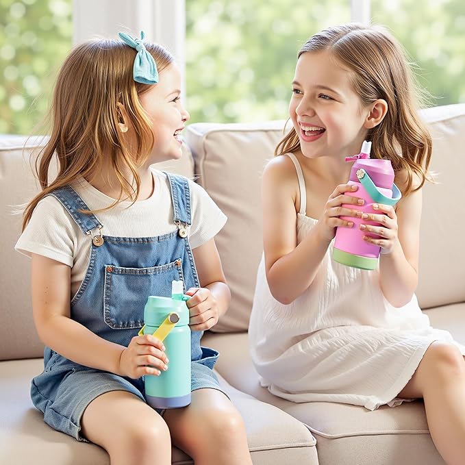 Kerilyn 12oz Kids Water Bottle 2 Pack, Stainless Steel Insulated Water Bottle Bulk, Toddler Cups with Straws Leak-Proof, Kids Water Bottles for School Boys Girls, BPA Free, Blue+Pink 2 Piece Set