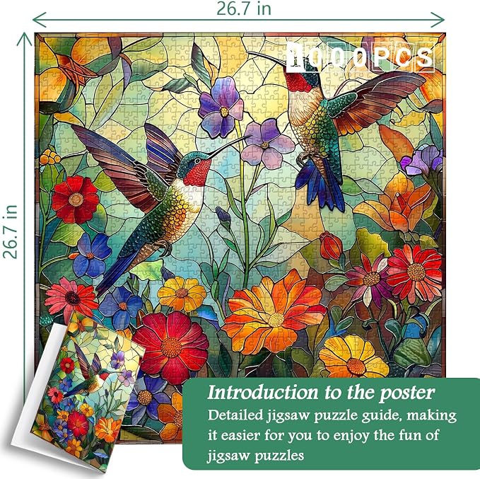 Stained Glass Puzzles for Adults 1000 Pieces, PICKFORU Colorful Flower Hummingbird Jigsaw Puzzles, Mosaic Bird Puzzles as Home Decor