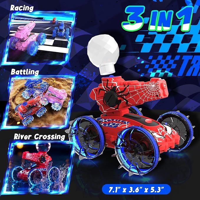 Spider Amphibious Remote Control Car for Boys Kids - 4WD Waterproof 2.4 GHz 360°Rotation RC Stunt Car - Water and Land Pool Toys Cars for 4 5 6 7 8 9 10 Year Old Boys Christmas Birthday Gifts