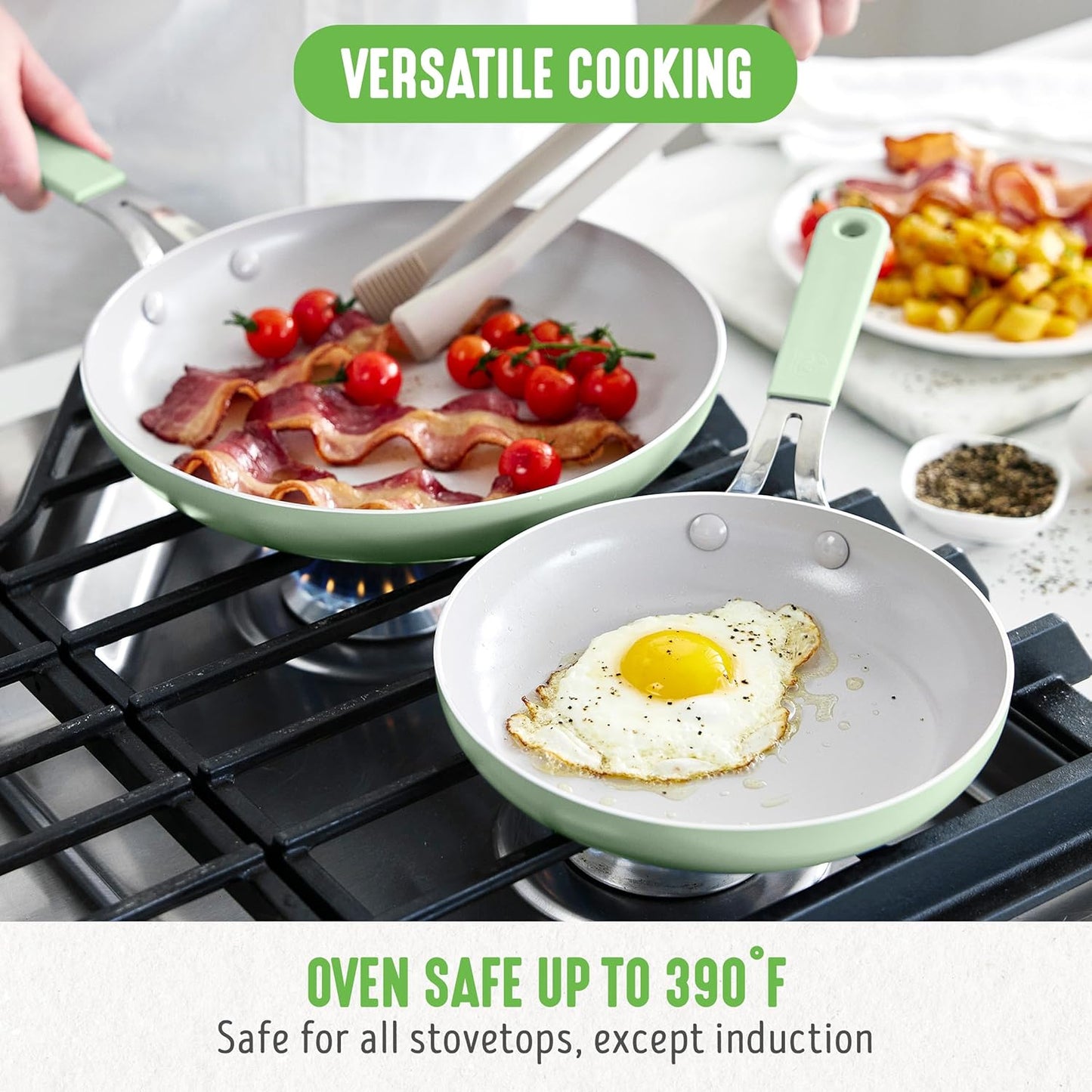 GreenLife 8” & 10” 2 Piece Nonstick Ceramic Frying Pan Set, Lightweight Healthy PFAS-Free Skillets, Dishwasher & Oven Safe, Durable Body, Silicone Stay-Cool Handles, Easy Release, Sage Green