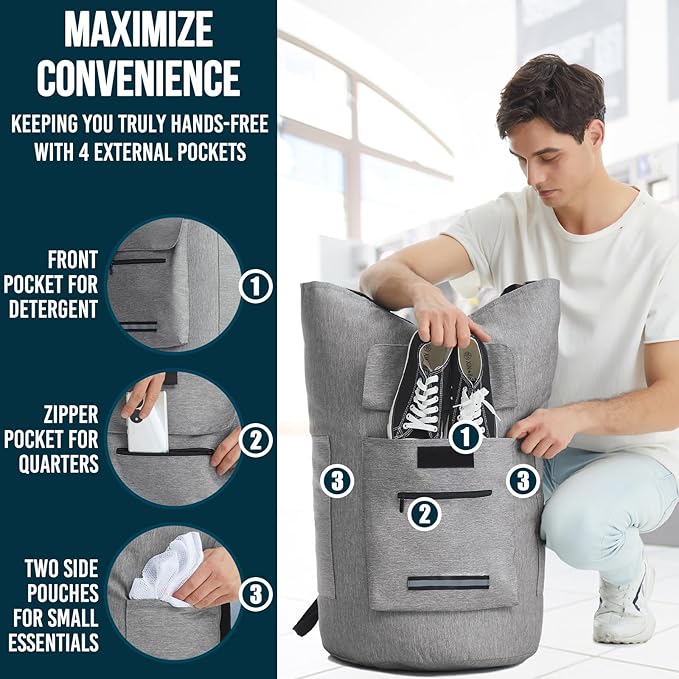 Laundry Backpack with Shoulder Straps，Laundry Bag Extra Large 115L，Laundry Backpack Heavy Duty with 4 Pockets, College Laundry Bags for Dorm Room， Sturdy Clothes Hamper Bags，Laundry Hamper Bag XXL