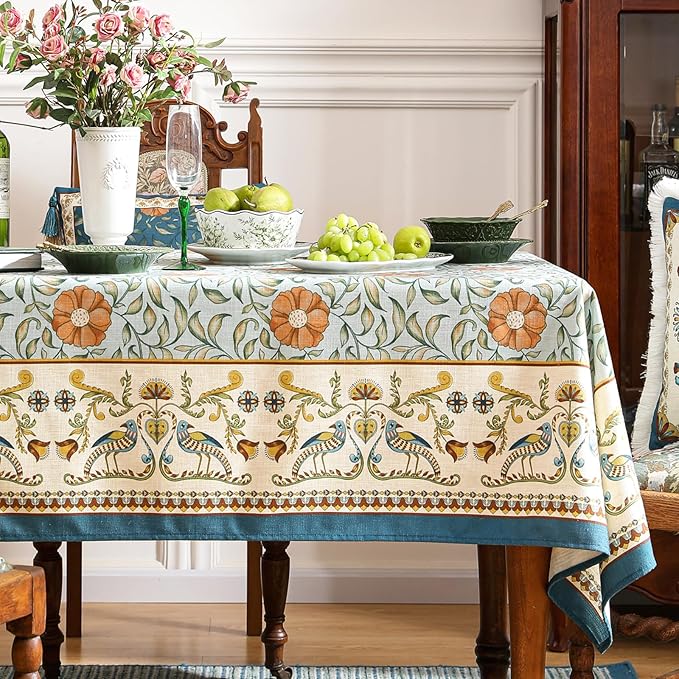 patdrea Designer French Linen Blue Tablecloth for Rectangle Table,Vintage Floral Table Cloth,Colorful Decoration Fall Cover Kitchen Dining for Thanksgiving,Tea Party,Christmas,63"x110"-Wensel