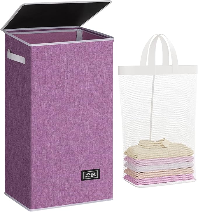 SOLEDI Laundry Hamper with Lid 100L Large & Tall Collapsible Laundry Basket, Clothes Hamper with Bag Removable Easy to Carry, Dirty Hampers for Bedroom, Bathroom, Dorm, College, Purple