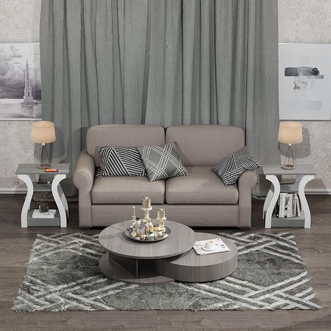 End Tables Living Room Set of 2,Grey End Table with Charging Station,Grey Side Table, Nightstand for Bedroom, 3 Tier End Table with Storage Shelf for Living Room