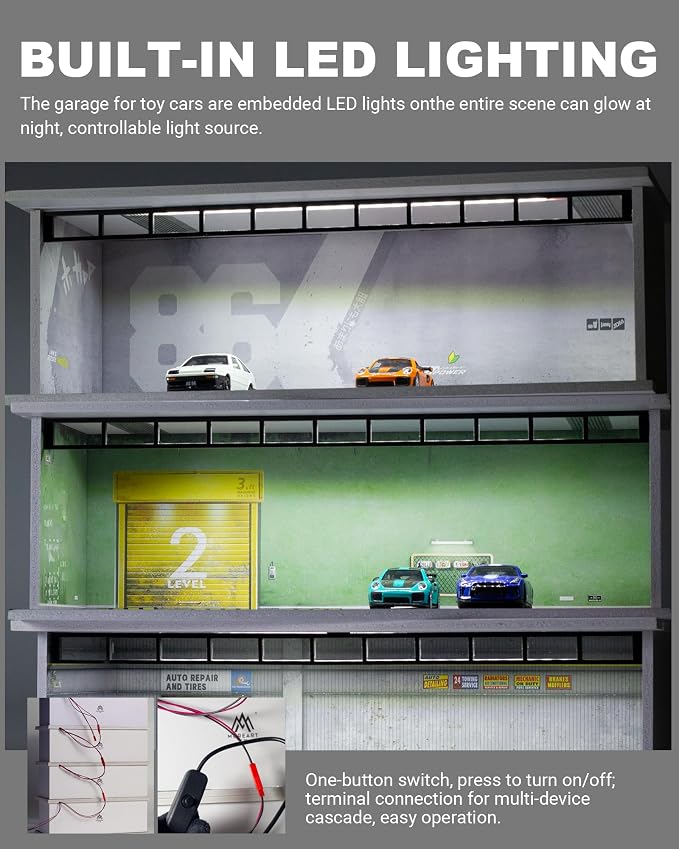 1/64 Scale Display Case Car Garage Moldel, Acrylic Cover Diecast Car Show Case with LED Light 6 Parking Spaces, Hot diecast Wheel Parking Scene (Vehicles Not Included) Car Repair Basement