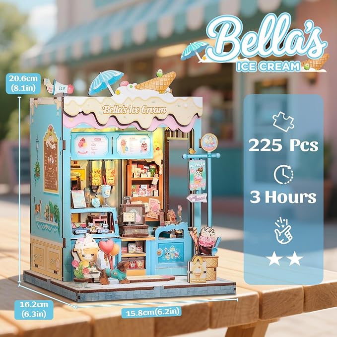 CUTEBEE Book Nook Kit - DIY Miniature House Dollhouse Kit for Adults and Teens, Booknook Tiny House Ice Cream Shop Bookshelf Decor 3D Wooden Puzzle, Gifts for Family, Friends (Bella's Ice Cream)