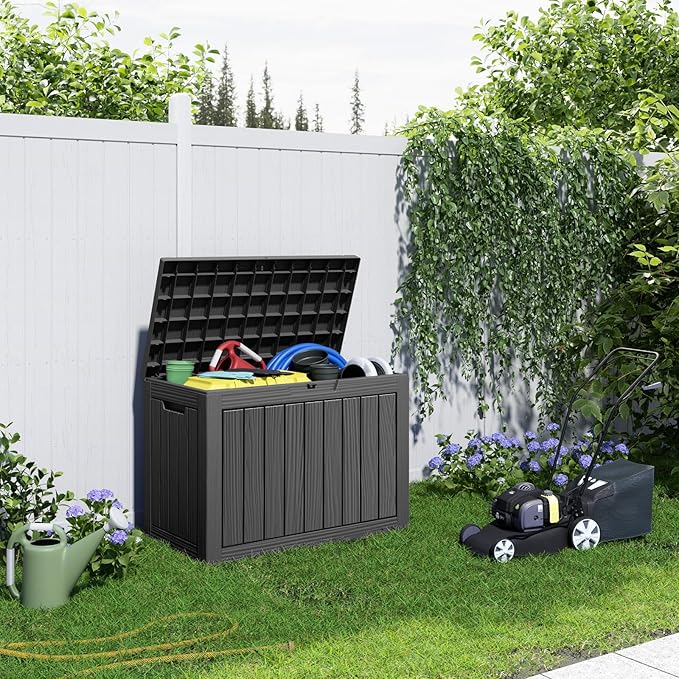 45 Gallon Outdoor Deck Box,Waterproof Resin Outdoor Storage Boxes, Outside Storage Lockable Container for Garden Tools,Indooor Cushions,Accessories (Black)