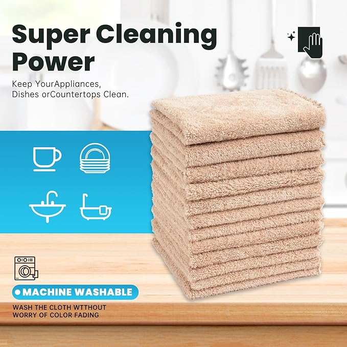 12 Pack Cleaning Cloth,Ultra Soft Absorbent Quick Drying Microfiber Cleaning Rags,No Scratches,Reusable,Washable,Lint Free Cleaning Towels for Kitchen,Window,Glass,car,11.8"×11.8"(Camel)