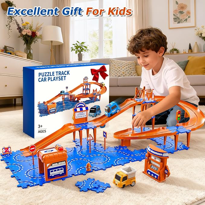 Toddler Toys for 3 4 5 6 Year Old Boys Kids Girls, 59 Pcs Puzzle Track Car Set for Kids Boys Toddlers 3-5 4-6, 3-Tier Puzzle Race Tracks Car Toys Set, Race Track Birthday for Toddlers