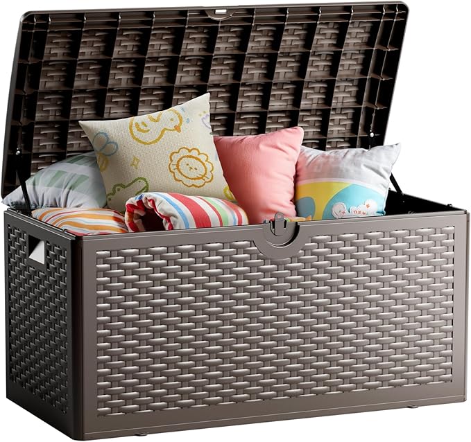 80 Gallon Resin Storage Box, All-Weather, Lockable Multi-Purpose Deck Box for Outdoor Cushions, Patio Items, and Garden Equipment, Pure Brown