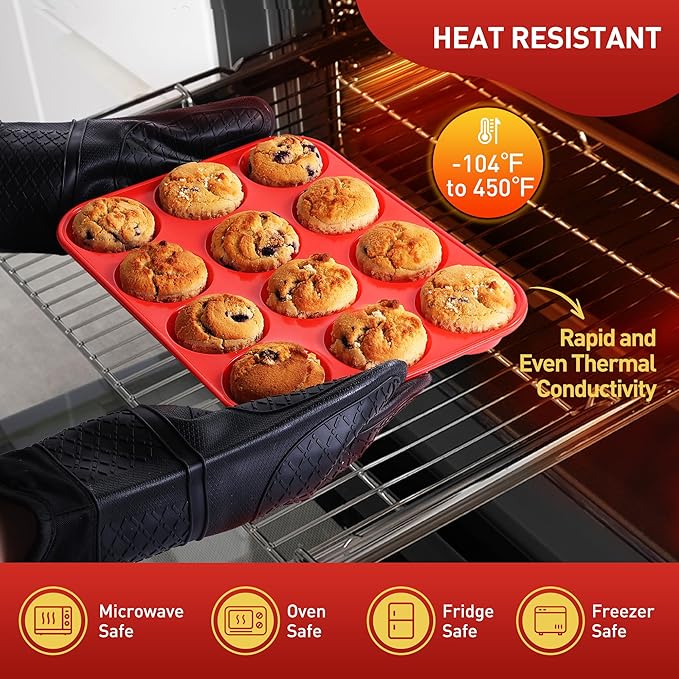 2 Pack 12 Cups Silicone Muffin Pan with Metal Reinforced Frame Regular Size Silicone Molds Cupcake Cake Baking Pans Cookie Baking Chocoflan Cupcake Mold Muffin Tray Dishwasher Safe BPA Free