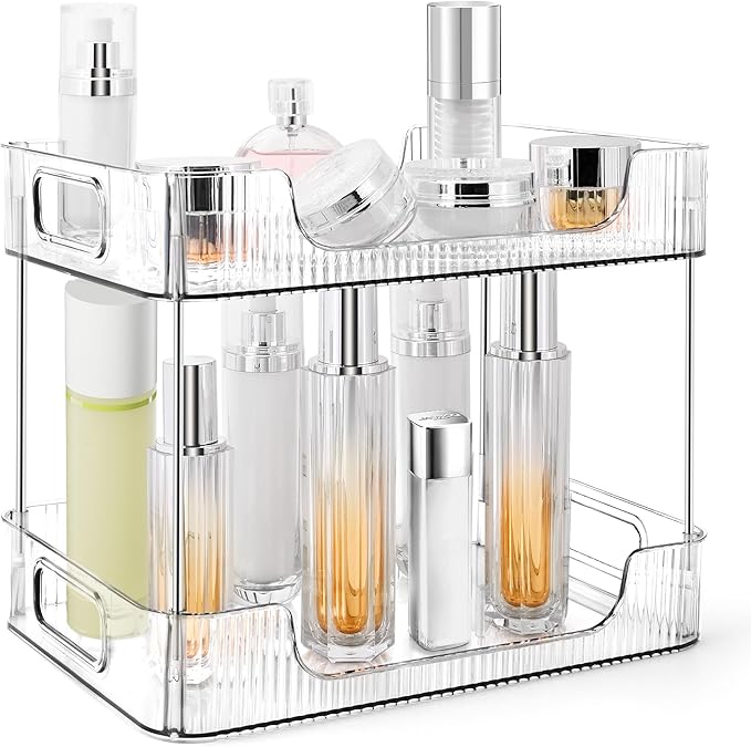 2-Tier Bathroom Counter Organizer Countertop Storage, Dresser Organizer Vanity Tray for Makeup, Perfume Organizer Cosmetics Skincare Shelf- Clear