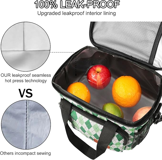 Femuar Lunch Bags for Women/Men, Insulated Lunch Bag for Work Office - Lunch Cooler Bag Leakproof Lunch Box with Adjustable Shoulder Strap - Green plaid