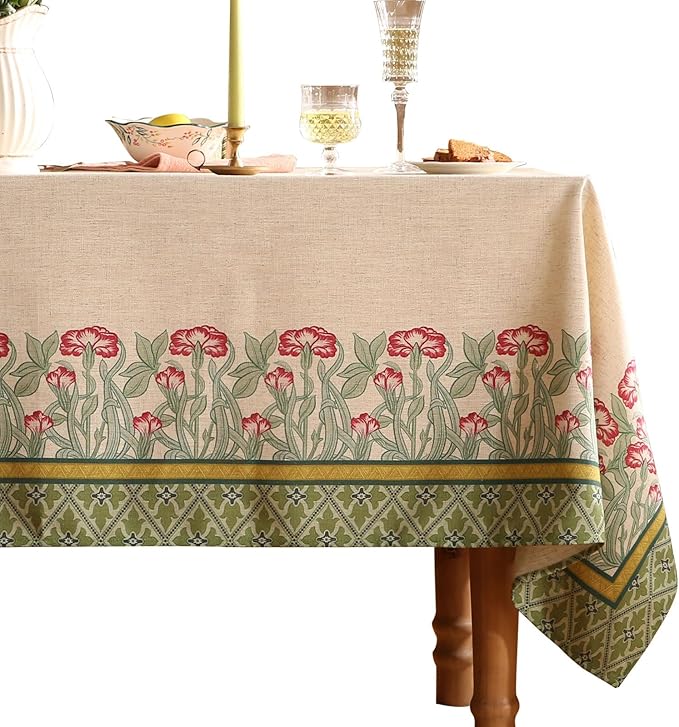 patdrea Designer Vintage Tablecloth for Rectangle Table,Green Linen Leaves Pattern Extra Long Table Cloth,Cover Decor for Kitchen Dining Christmas Thanksgiving,Tea Party,63"x110"-Cecilia D