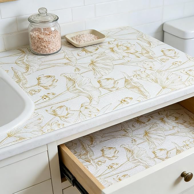 Shelf Liners Non Adhesive Light Base Gold Lotus Pattern - Thickened Non-Slip Easy to Clean Drawer Liner for Kitchen Cabinets, Tool Box, Refrigerator, with Knife & Tape Measure, 17in x 20FT