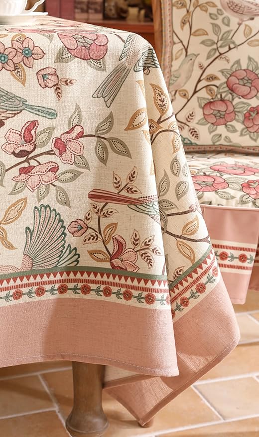 patdrea Designer Pink Linen Table Cloth for Rectangle Table,Vintage Floral with Birds Pattern Decorative Tablcloth,French Table Cover for Kitchen Dining,Thanksgiving,Christmas,55"x87"-Kulom a