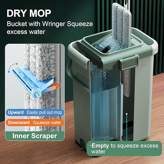 JOYMOOP Mop and Bucket Set - Mops for Floor Cleaning & Wall Cleaner with Long Handle, Include 5 Microfiber Mop Pads - Green Bucket (X-Large)