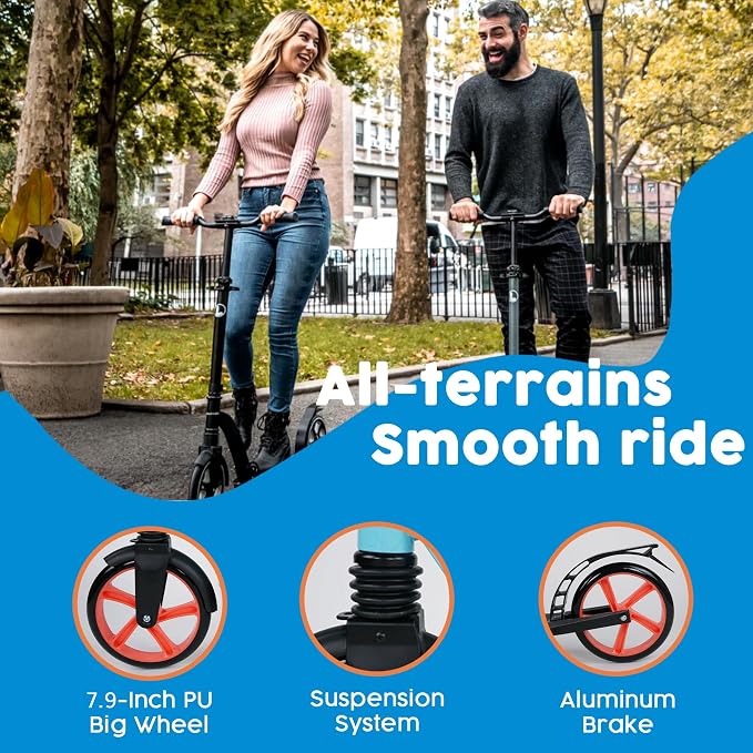 LaScoota Kick Scooter for Kids Ages 6+, Teens & Adults, Large 8" Sturdy Urethane Wheels. Adjustable Handlebar, Lightweight, Foldable, 220lbs Max Load