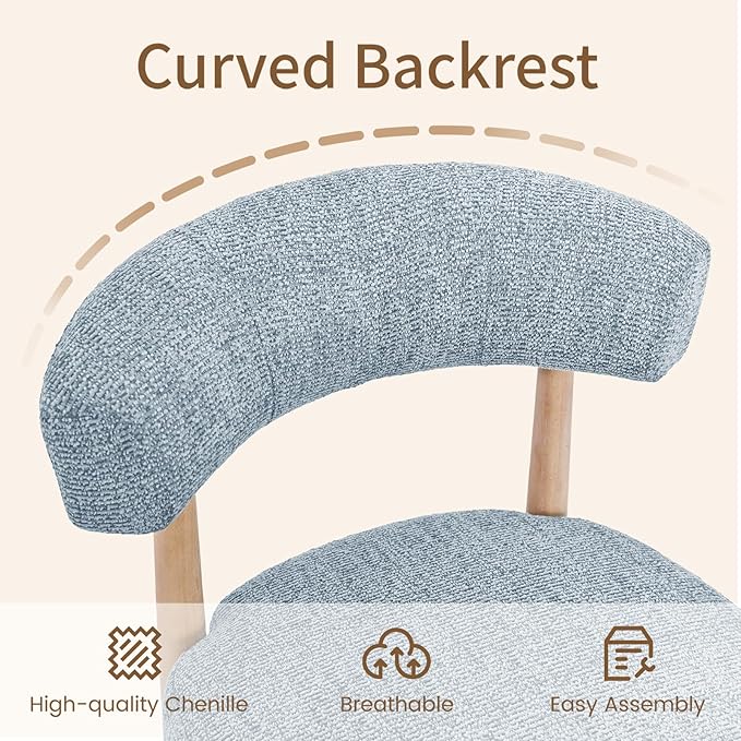 VKNOW Wooden Dining Chairs Set of 4, Modern Upholstered Dining Room Chairs with Rubberwood Legs and Curved Backrest, Fabric Kitchen Chairs for Farmhouse/Living Room/Dining Room, Blue
