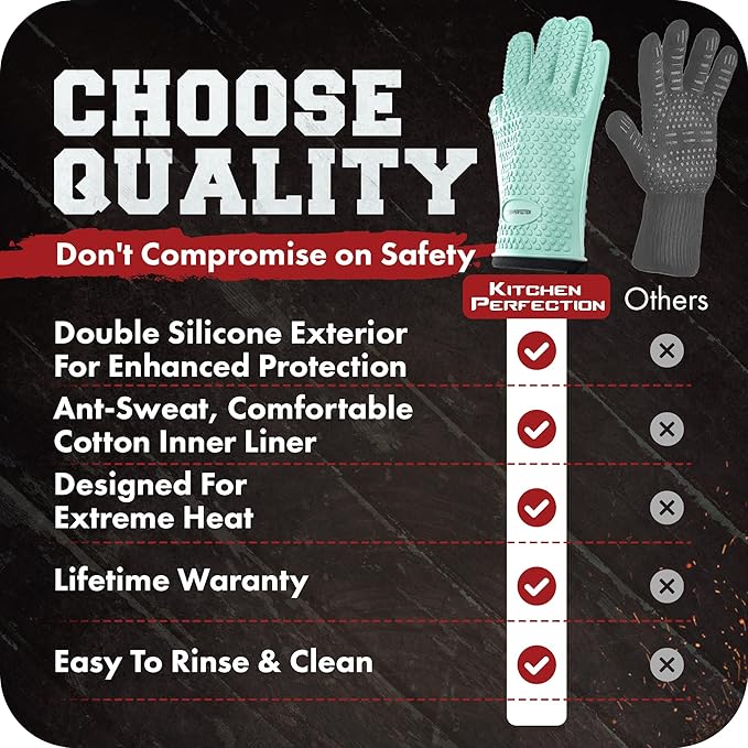KITCHEN PERFECTION Silicone Smoker Oven Gloves -Extreme Heat Resistant BBQ Gloves -Handle Hot Food Right on Your Smoker Grill Fryer Pit|Waterproof Oven Mitts Grill Gloves |Superior Value Set+3 Bonuses