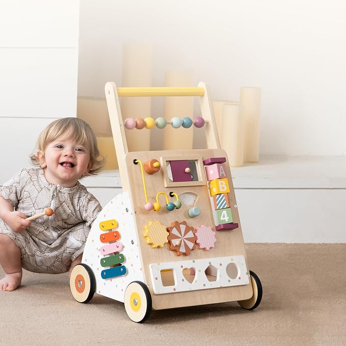 Wooden Baby Walker with Activity Center – Montessori Push Walker Toys for Boys & Girls 18 Months+ – Educational Toddler Learning Walker with 10-in-1 Sensory Games
