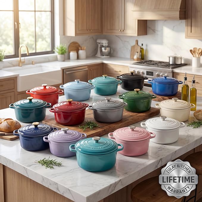 Zulay Kitchen 5 Quart Enameled Cast Iron Dutch Oven Pot with Lid – Premium Durability & Oven Safe up to 500°F – Heavy Duty Cookware Perfect for Bread Baking, Stews, Braising & Roasting – White