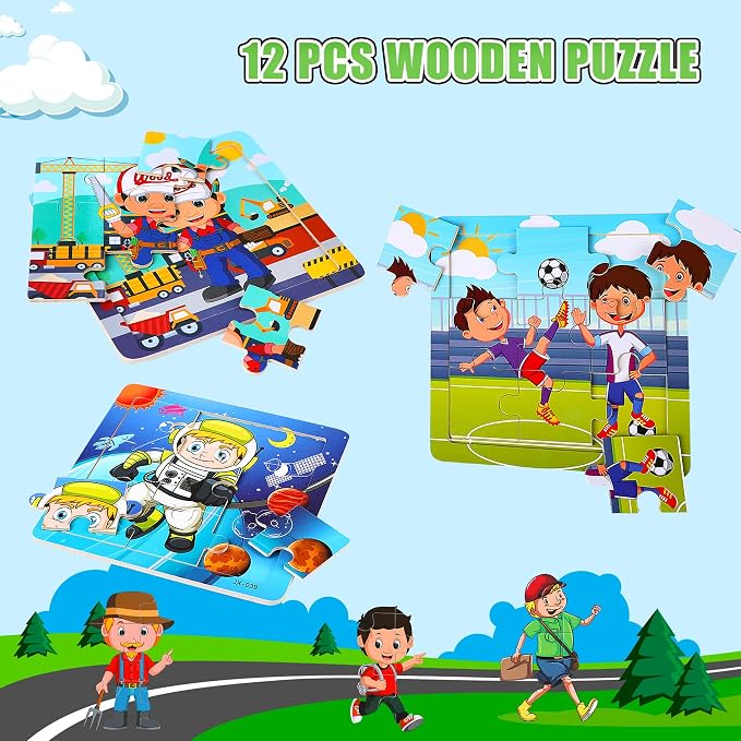 SANNIX 12 Pack Wooden Jigsaw Puzzles for Toddlers, Characters Puzzles for Kids Party Favors, Educational Puzzles Learning Travel Toy with 12 Organize Bags