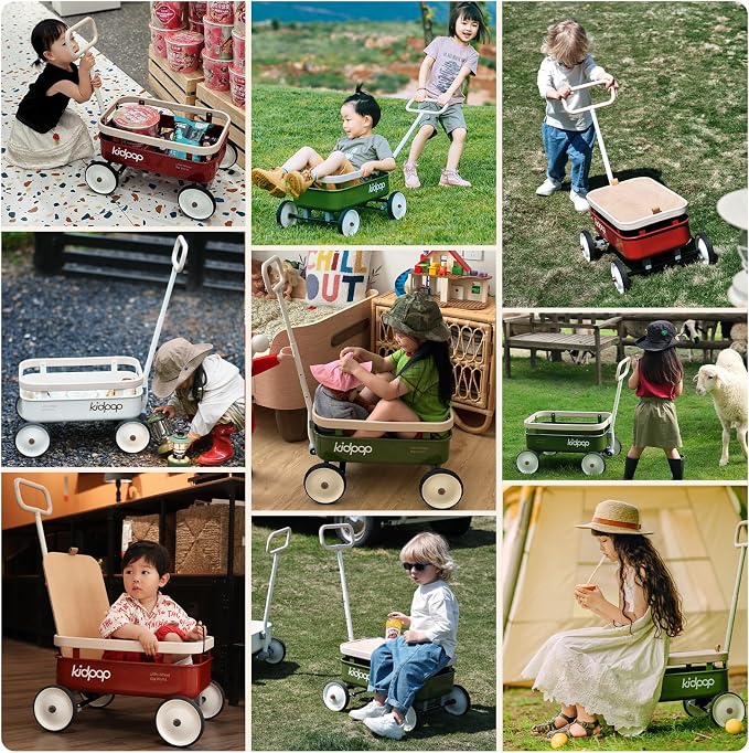 kidpop PULA-Wild 3-in-1 Kids' Pull-Along Wagon Toddlers Push Walker for 2.5-8, Removable Wooden Cover and Adjustable Handlebar, Birthday Gifts Max Weight 33 lbs (Grey)