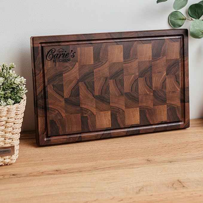 Handmade Personalized Walnut End Grain Cutting Board – Custom Engraved Wood Chopping Block, Perfect Gift for Home Chefs by GrainWoods (17x11x2 Inches)