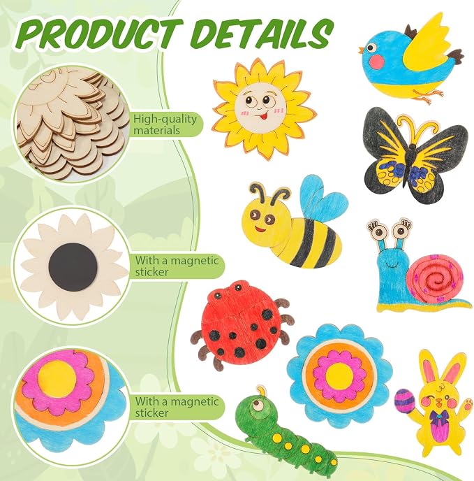 Blueweenly 36 Sets DIY Wooden Magnets Craft Kits for Kids Wooden Supplies Craft Painting Kit for Kids Activities Party Favors for Boys Girls Easter Basket Stuffers Birthday Party Gifts (Spring)