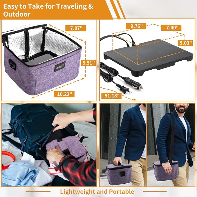 Aotto Portable Electric Lunch Box Food Heater, 12V/24V/110V 3-in-1 Car Food Warmer Heated Lunch Box for Adults, Cook, Reheat & Keep Meals Warm for Car, Truck, Travel, Work, Home - Purple