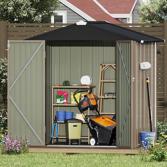 Devoko Outdoor Storage Shed 6 x 4 FT Lockable Metal Garden Shed Steel Anti-Corrosion Storage House with Double Lockable Door for Backyard Outdoor Patio (Brown)