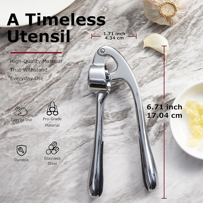 Kitessensu High Effective Premium Garlic Press Set, With Silicone Garlic Peeler & Brush, Heavy Duty Garlic Mincer, Easy to Squeeze and Clean, Rust Proof & Dishwasher Safe - Gloss Silver