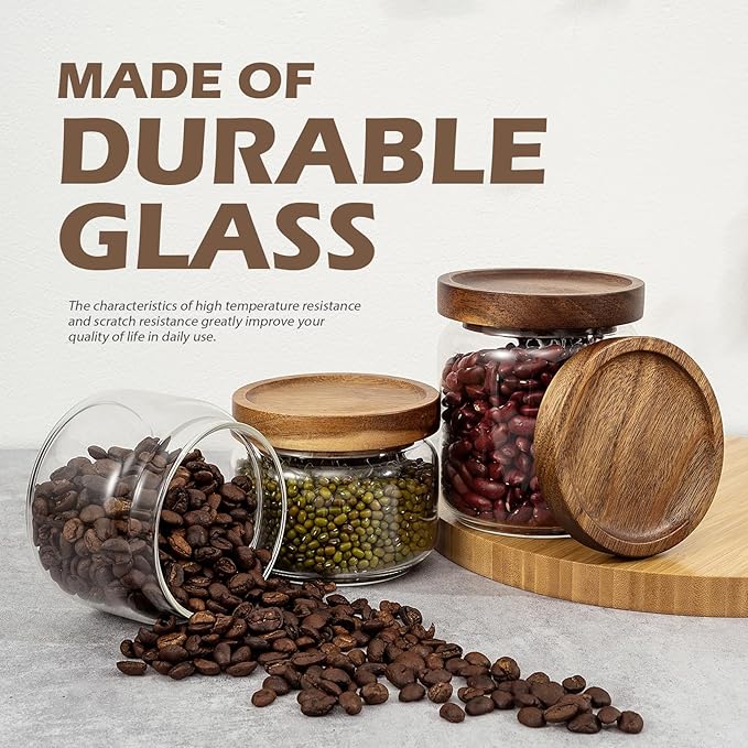 2PCS Small Glass Storage Jars with Airtight Lids, 17 fl oz (500ml) coffee container with Wooden Lid, Glass Pantry Canister for Beans, Rice, Sugar and etc